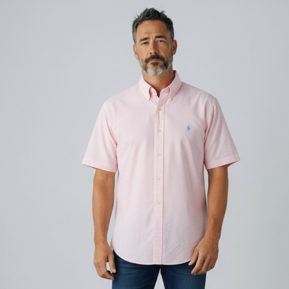 Ralph Lauren pink and white Seersucker short sleeve shirt excellent condition XL